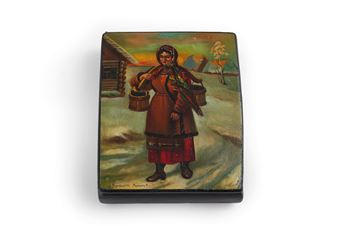 di forma rettangolare raffigurante sul coperchio il ritorno dalla fonte; difetti - N. Busenkov