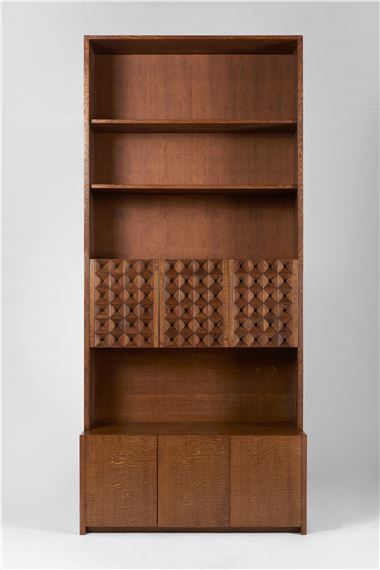 Bookcase cabinet with three-door base, riser with three doors and shelves. Execution by Officina Rivadossi, Ship - Giuseppe Rivadossi