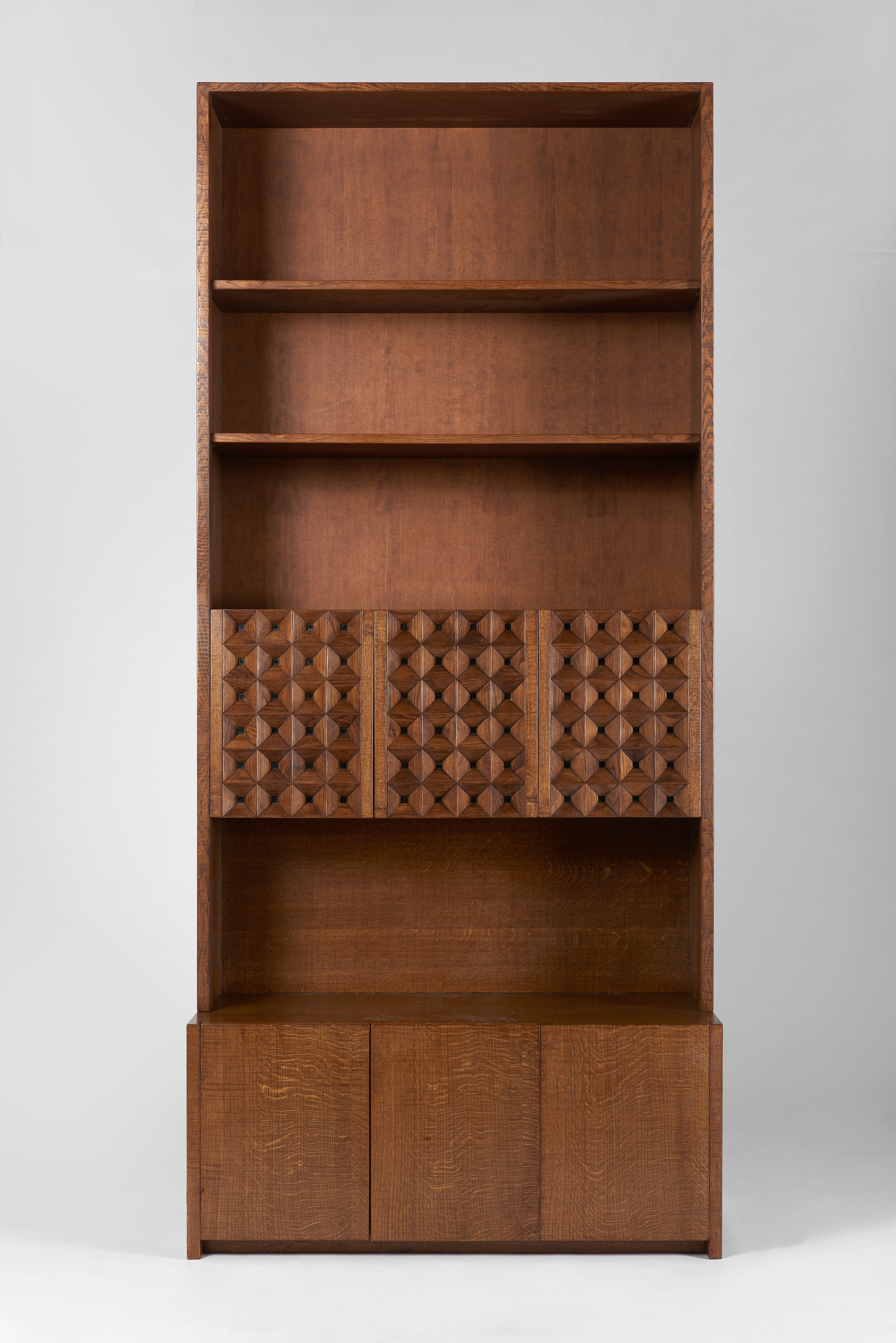 Artwork by Giuseppe Rivadossi, Bookcase cabinet with three-door base, riser with three doors and shelves. Execution by Officina Rivadossi, Ship, Made of Solid wood and oak panel