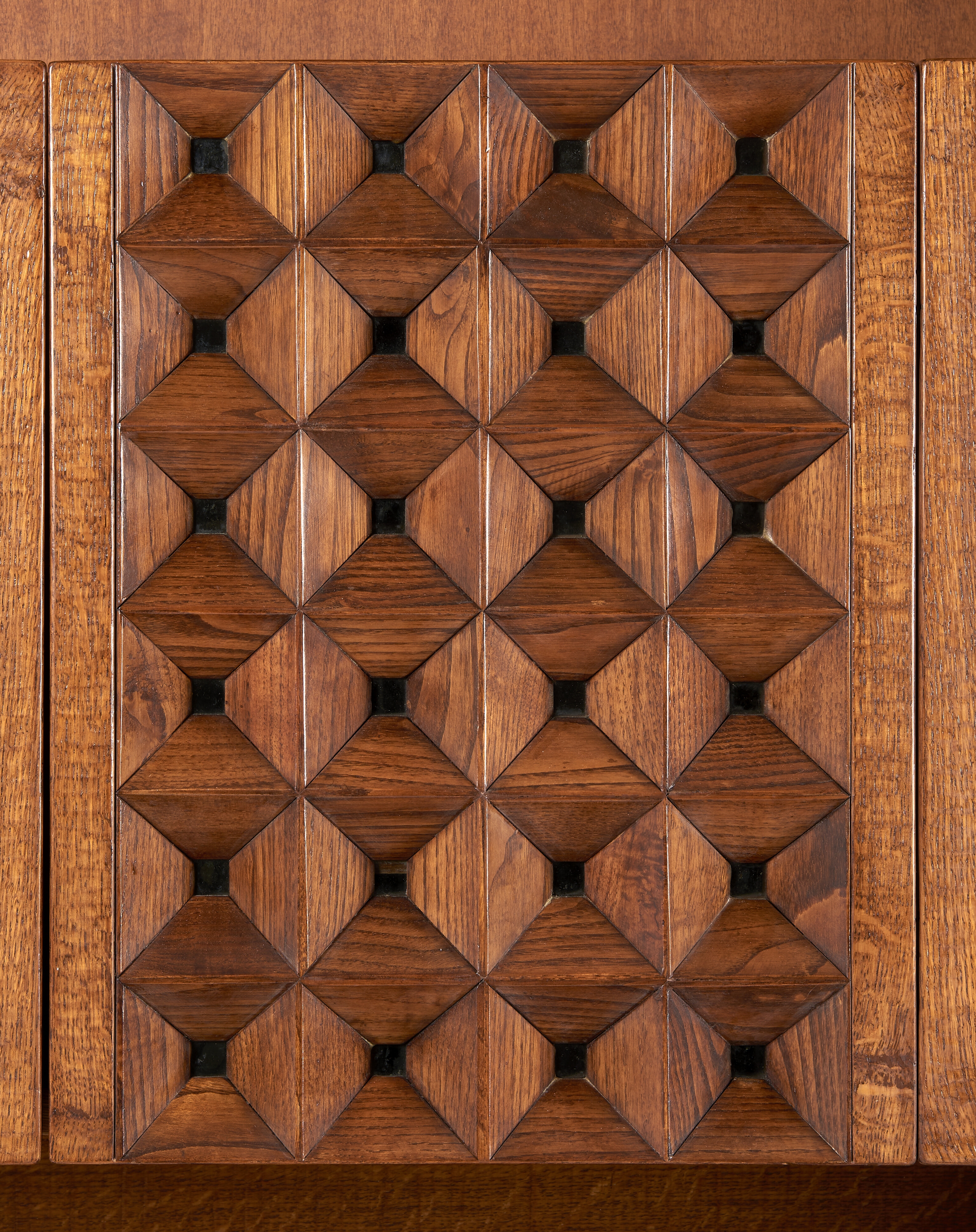 Artwork by Giuseppe Rivadossi, Bookcase cabinet with three-door base, riser with three doors and shelves. Execution by Officina Rivadossi, Ship, Made of Solid wood and oak panel