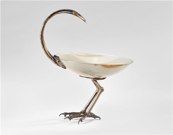 Art Deco agata cup in the shape of a flamingo with silver foot and socket, title 800, amber stone cabochon eyes - Gabriele de Vecchi