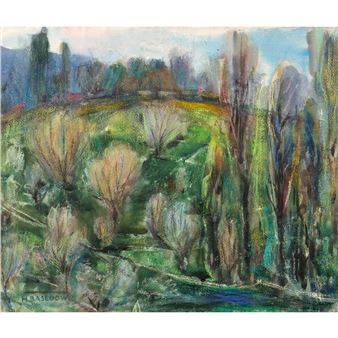 Bäume in Parklandschaft mit Brücke - Heinrich Basedow the Younger