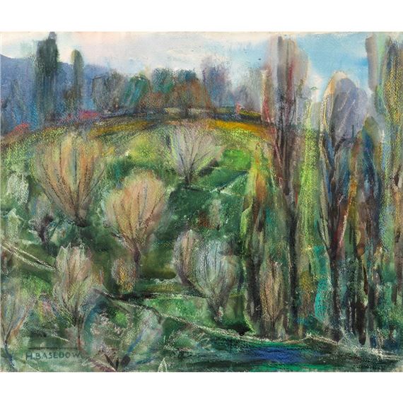 Bäume in Parklandschaft mit Brücke - Heinrich Basedow the Younger