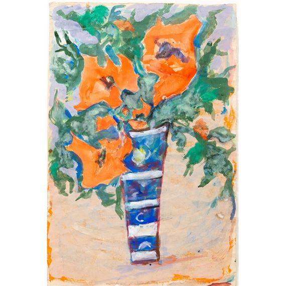 Mohnblumen in blauweiß gestreifter Vase - Arthur Degner