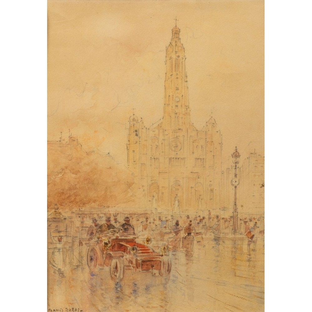 Artwork by Francis Garat, Lebhafter Straßenverkehr vor der Pfarrkirche Sainte-Trinité in Paris, Made of Aquarell über Bleistift auf bräunlichem Papier