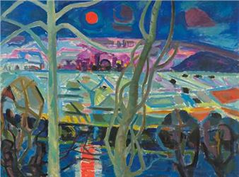 Limmat valley landscape in the moonlight Oil on canvas - Karl Hosch