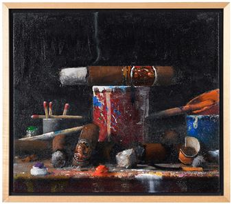 A still life painting of a painter's desk with a smoking cigar, paint tubes, and brushes against a dark background.