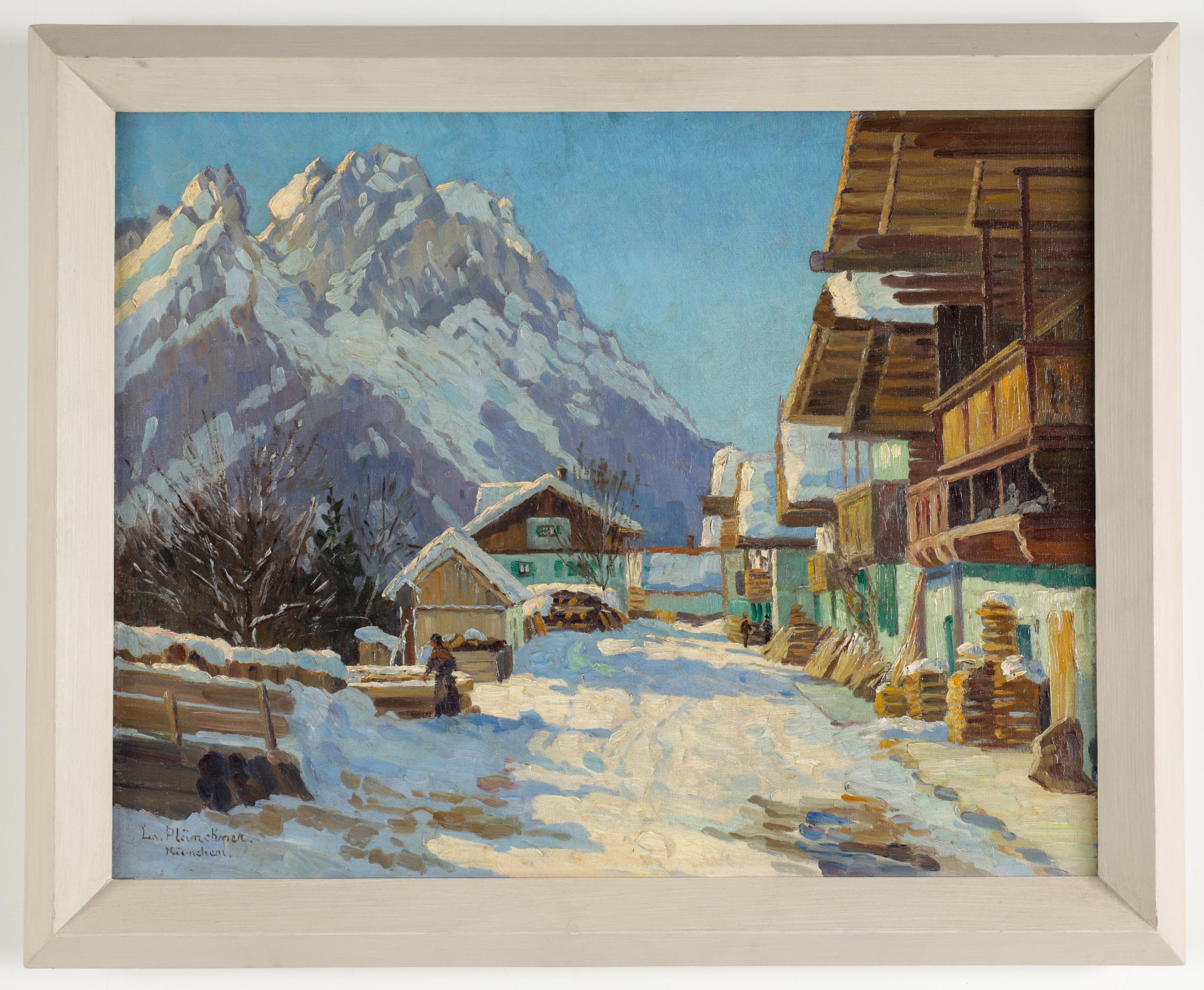 Artwork by Lonny von Plänckner, Winterliche Dorfstraße mit der Zugspitze, Made of oil on canvas