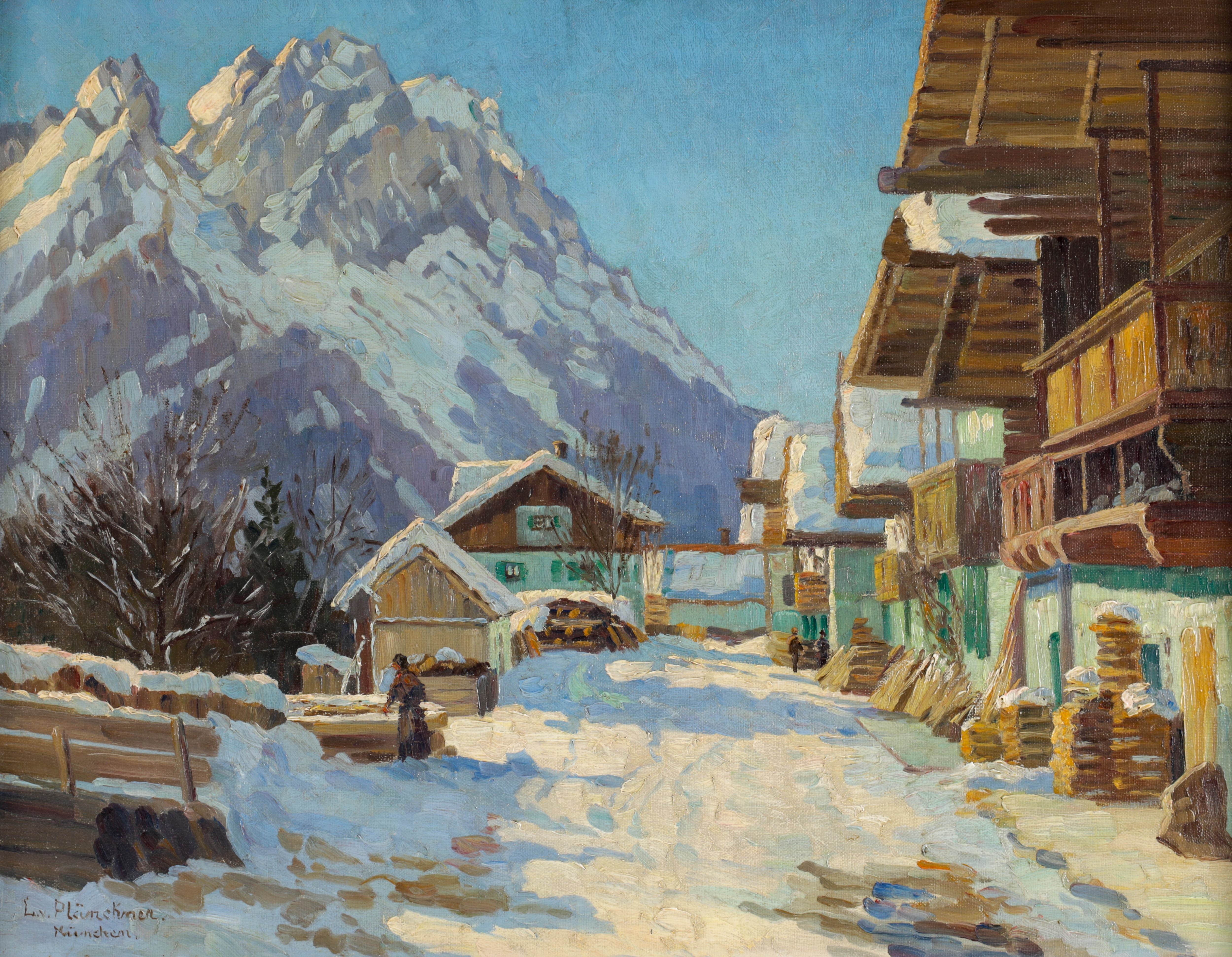 Artwork by Lonny von Plänckner, Winterliche Dorfstraße mit der Zugspitze, Made of oil on canvas