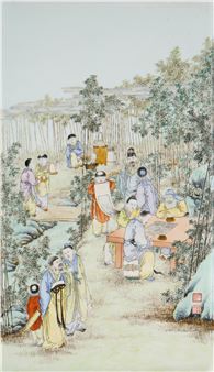 A famille-rose 'scholars gathering' plaque by Liu Xiren, Republic period - Liu Xiren