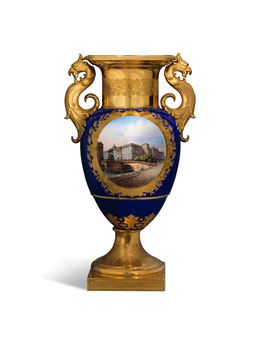 A Berlin KPM topographical vase (Französische Vase mit Greifenkopfhenkeln) with a view of Berlin Palace - Johann Hubert Anton Forst