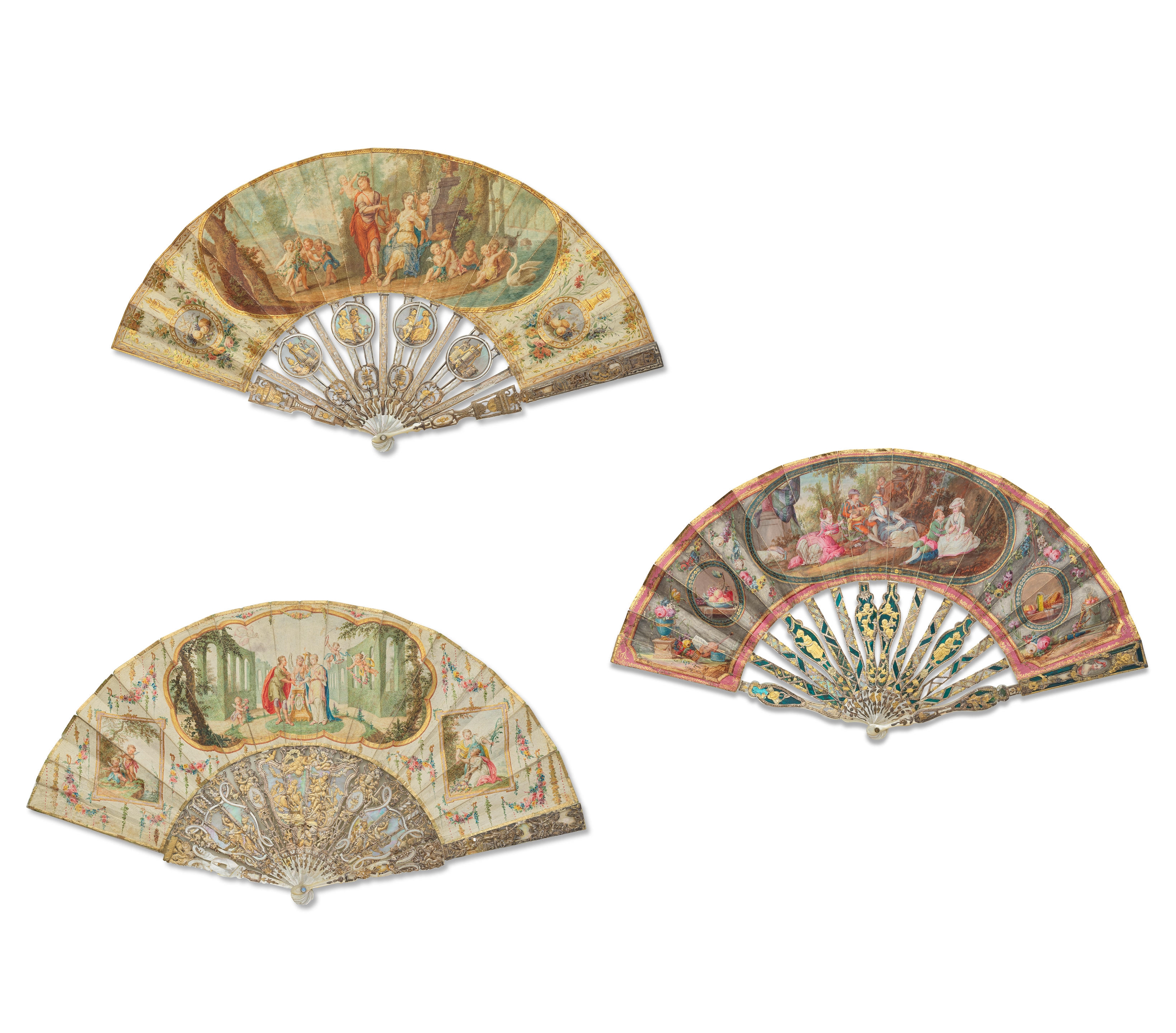 Artwork by German School, 18th Century, Three Continental carved and gilded mother of pearl marriage fans, Made of green coloured