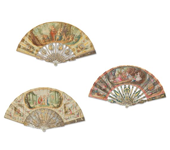 Three Continental carved and gilded mother of pearl marriage fans by German School, 18th Century, 18th century