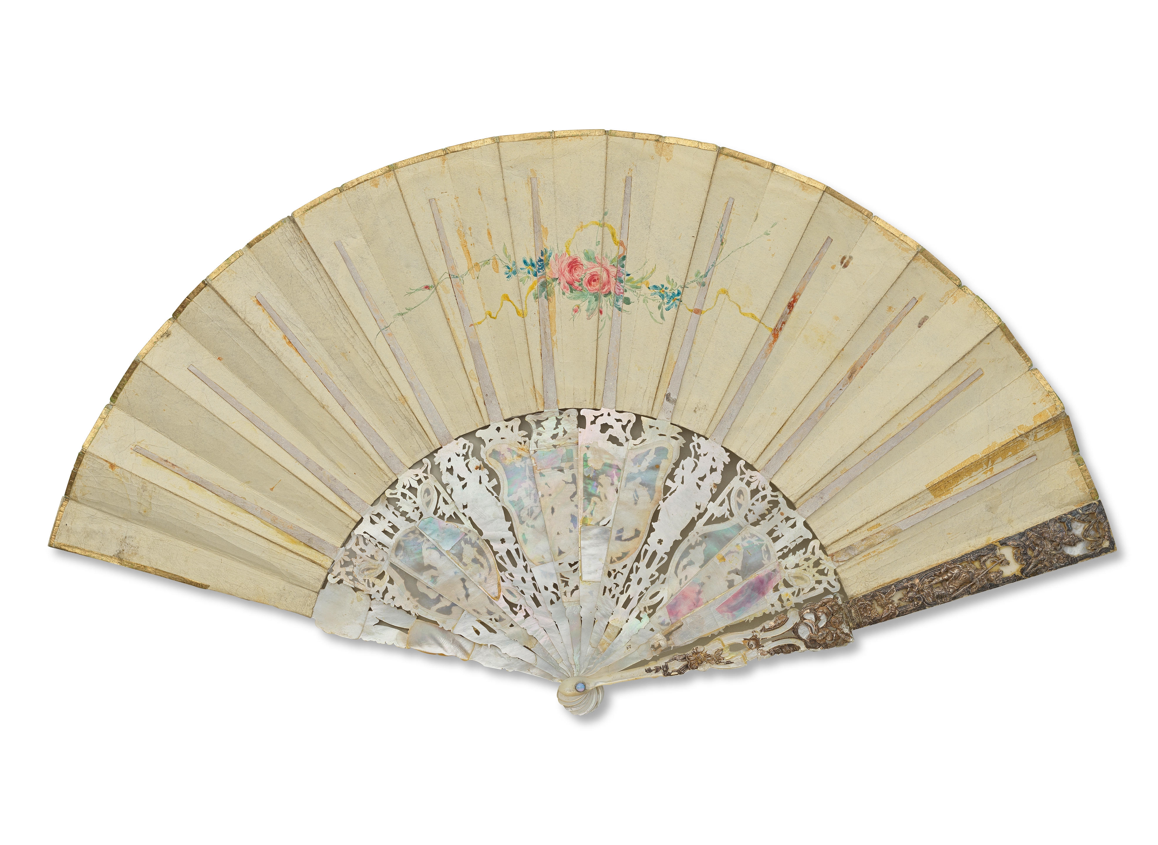 Artwork by German School, 18th Century, Three Continental carved and gilded mother of pearl marriage fans, Made of green coloured
