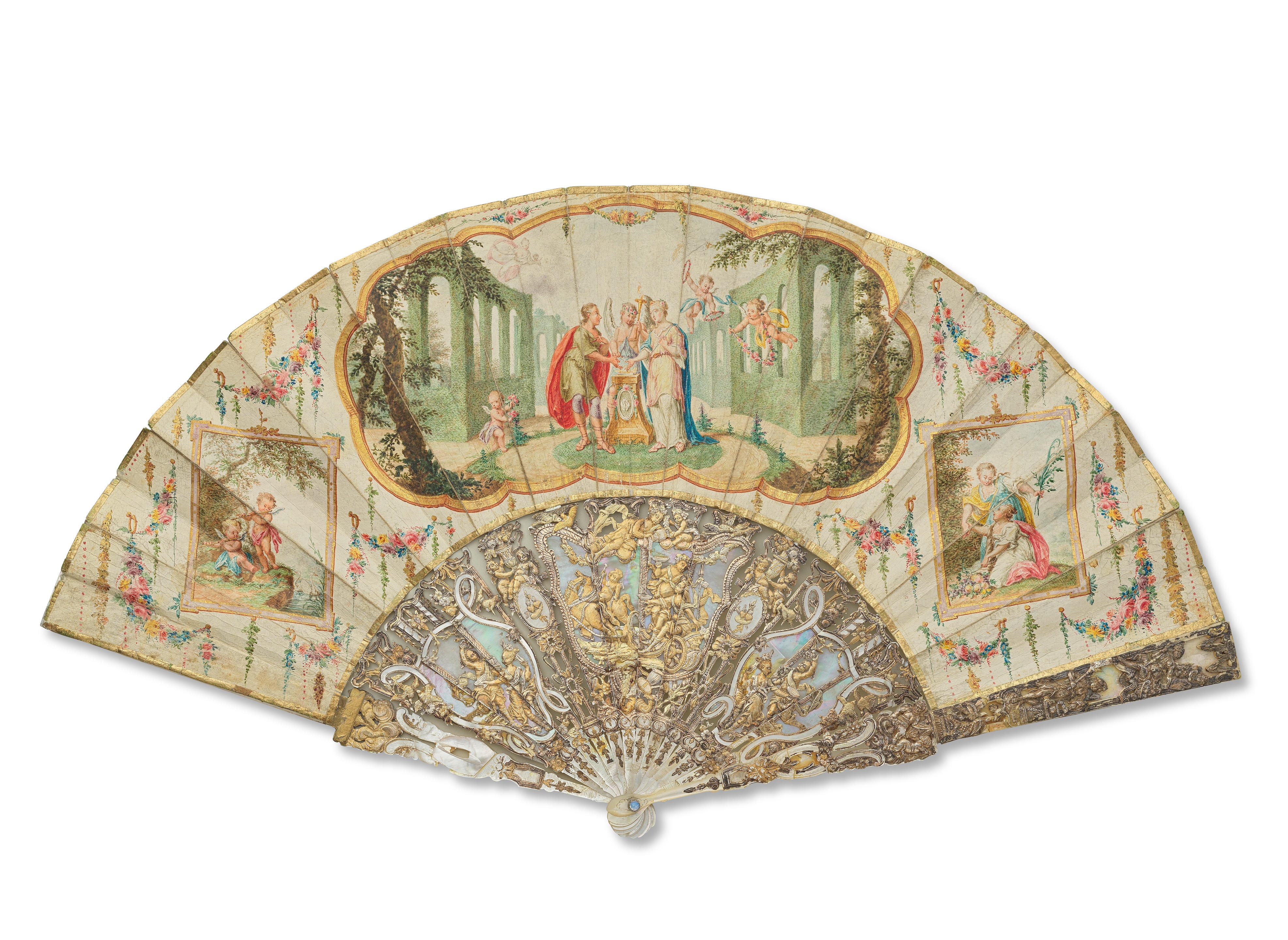 Artwork by German School, 18th Century, Three Continental carved and gilded mother of pearl marriage fans, Made of green coloured