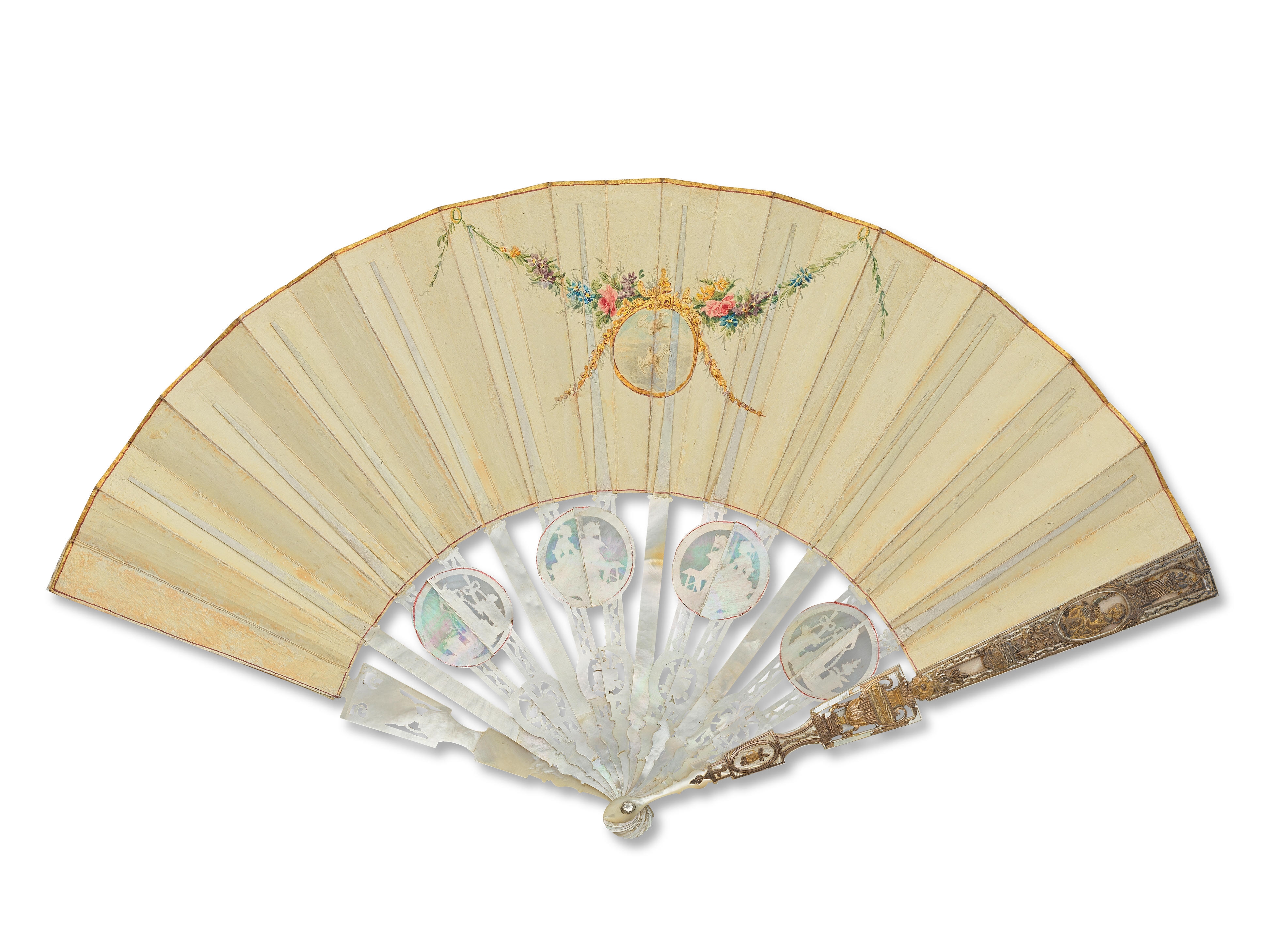 Artwork by German School, 18th Century, Three Continental carved and gilded mother of pearl marriage fans, Made of green coloured