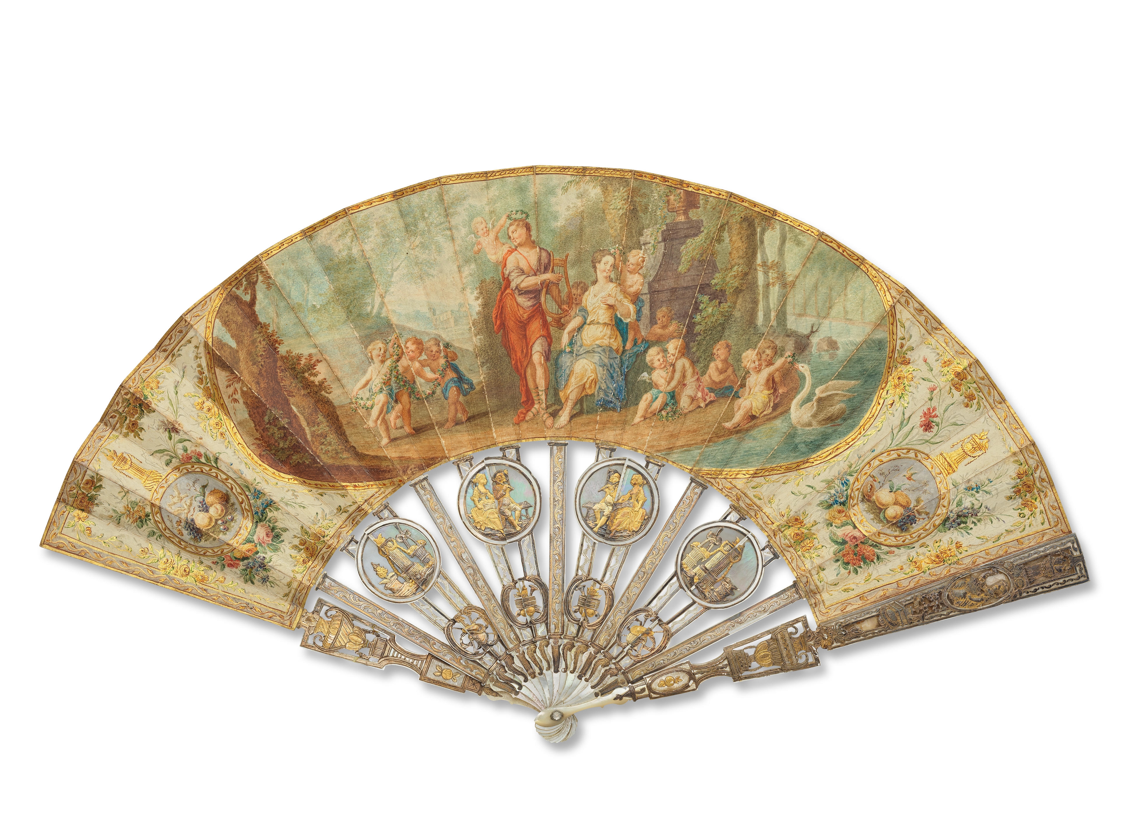 Artwork by German School, 18th Century, Three Continental carved and gilded mother of pearl marriage fans, Made of green coloured
