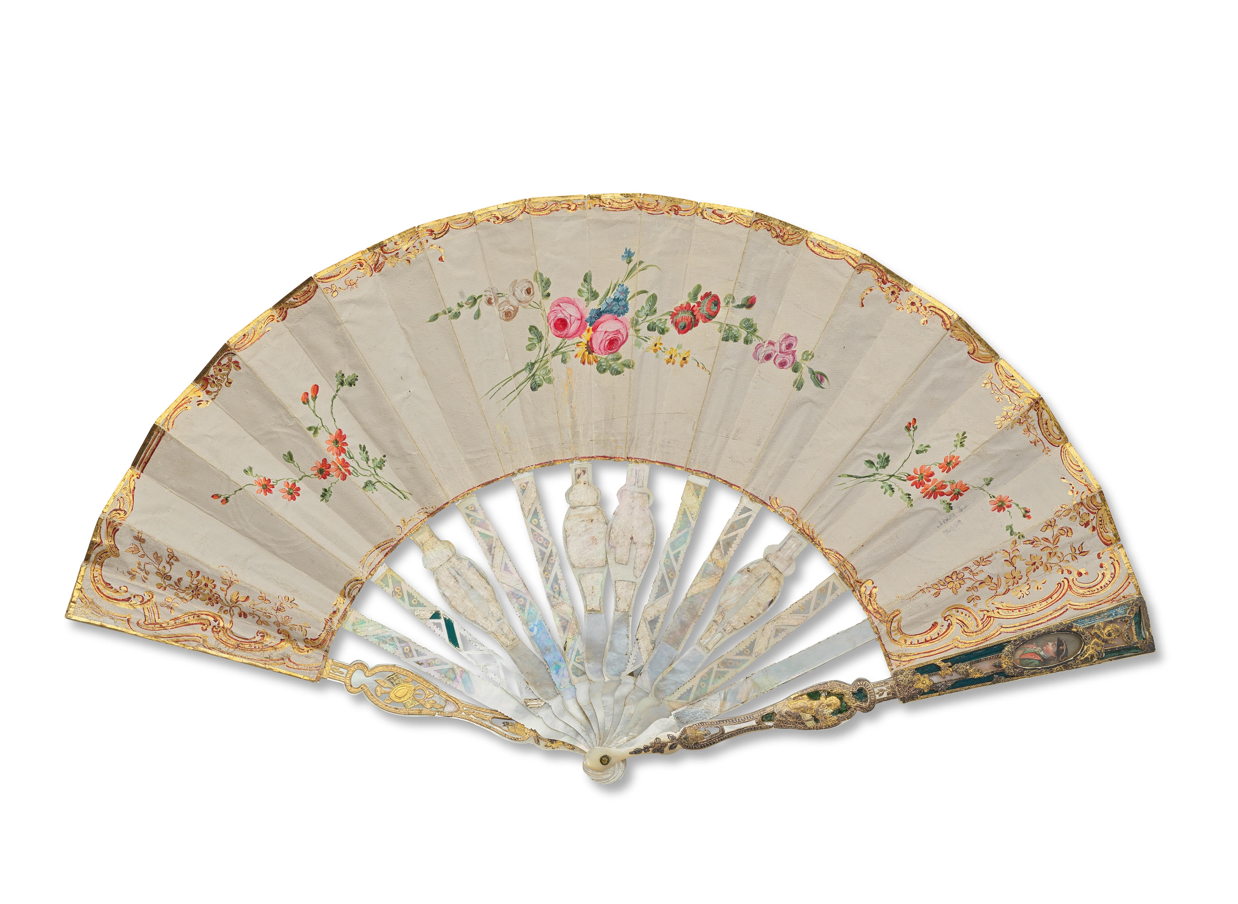 Artwork by German School, 18th Century, Three Continental carved and gilded mother of pearl marriage fans, Made of green coloured