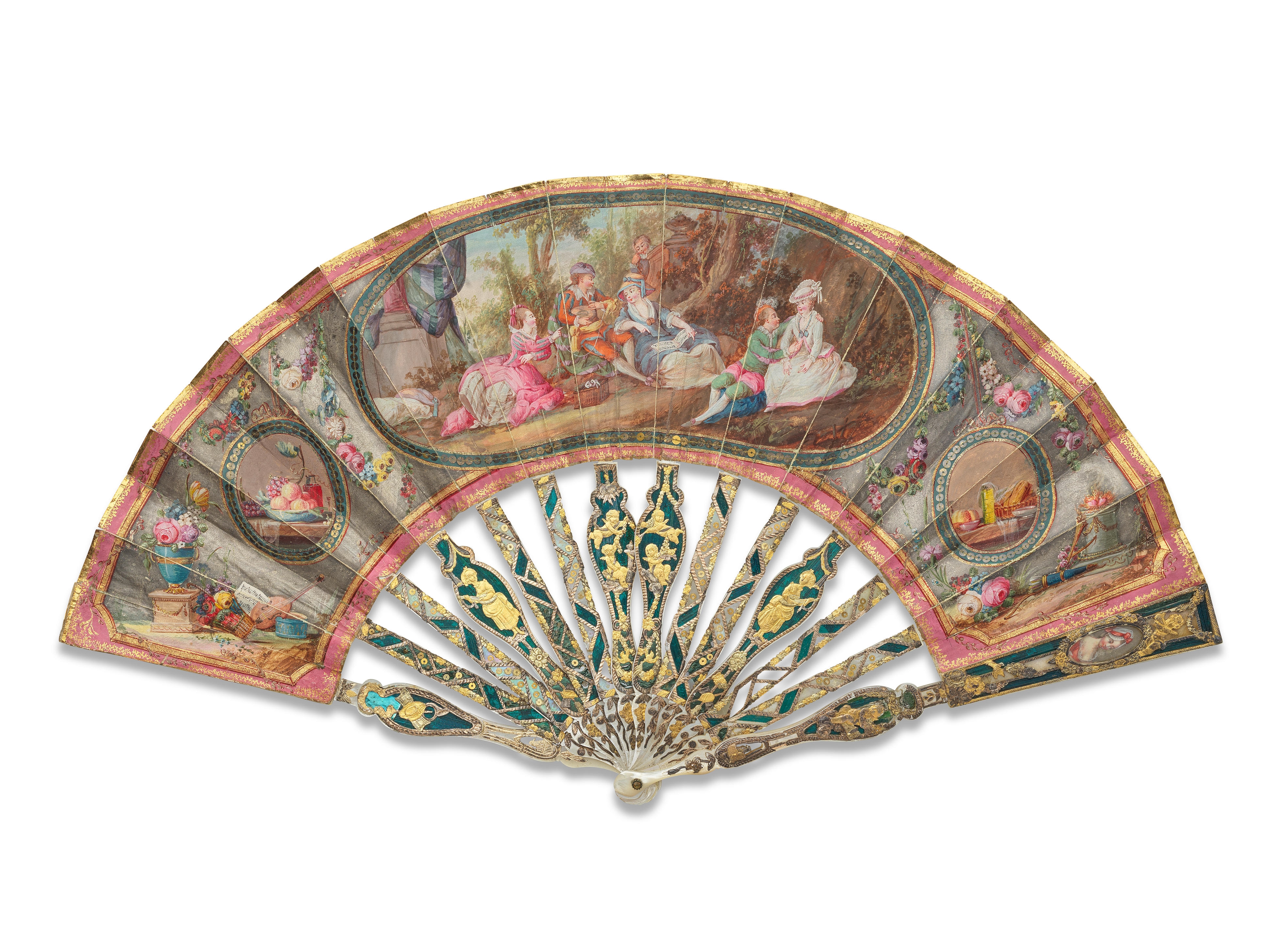 Artwork by German School, 18th Century, Three Continental carved and gilded mother of pearl marriage fans, Made of green coloured