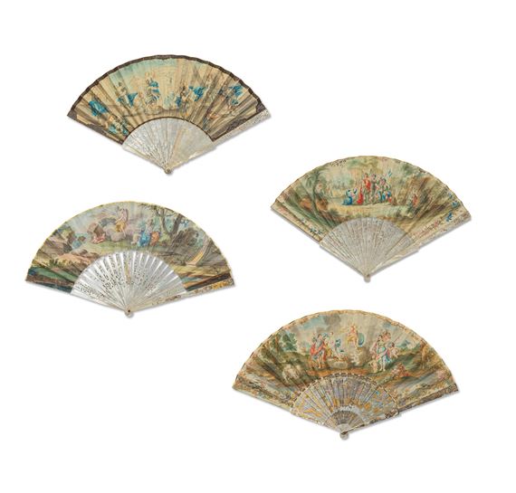 Four Continental carved mother of pearl folding fans by German School, 18th Century, 18th century