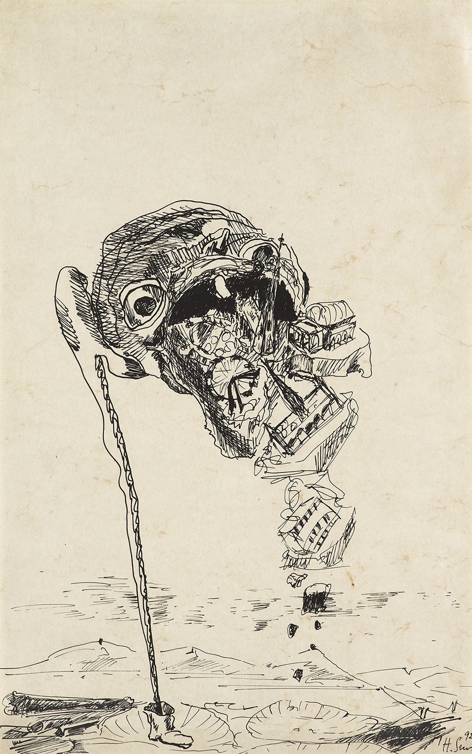 Artwork by Hinko Smrekar, o, Made of black pen over pencil, brown, gray and ocher wash, on paper