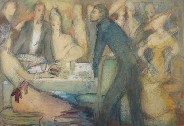 Artwork by Ilse Häfner-Mode, Diskussion in einer Bar, Made of Bleistift/Aquarell/Kreide