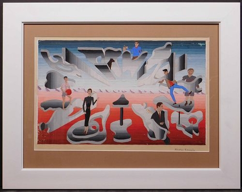 Artwork by Stephen Caravello, Surreal Landscape with Figures, Made of Gouache on paper