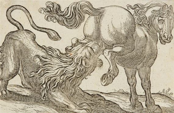 Three plates from 'Battling Animals': A Horse Kicking a Lion; A Lioness Attacking a Horse; and A Lion Biting a Horse's Neck by Antonio Tempesta