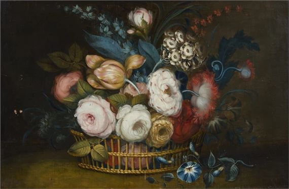 Floral still life, with tulips, peonies, and convolvulus, in a basket - Jan van Kessel I