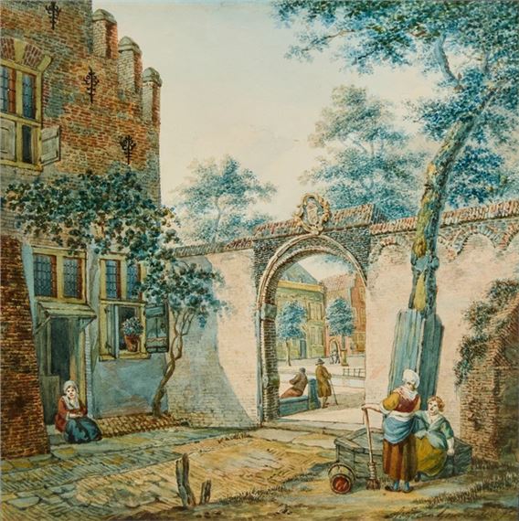 A Dutch town with figures in a courtyard - Anthony Jacobus van Goudoever