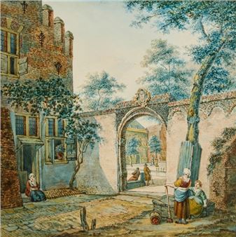 A Dutch town with figures in a courtyard - Anthony Jacobus van Goudoever