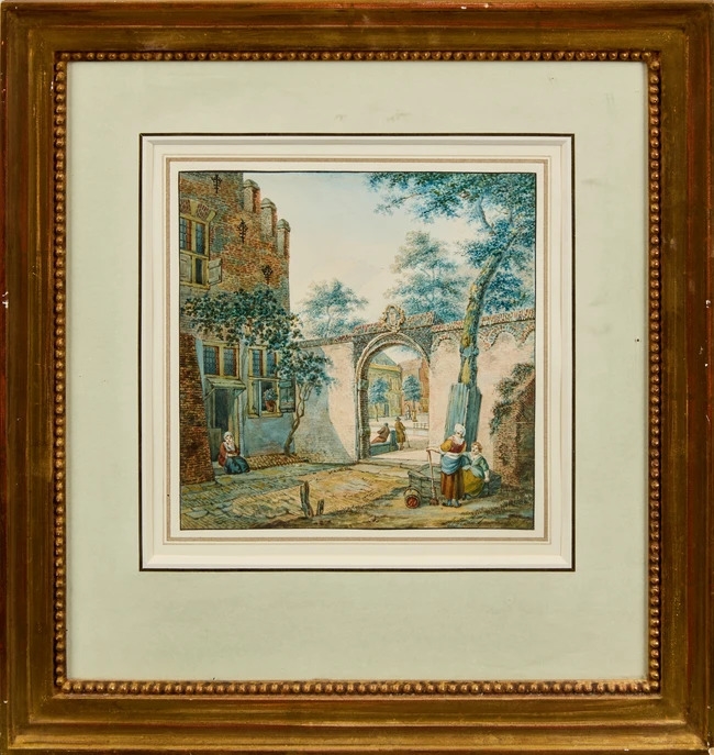 Artwork by Anthony Jacobus van Goudoever, A Dutch town with figures in a courtyard, Made of watercolour on paper