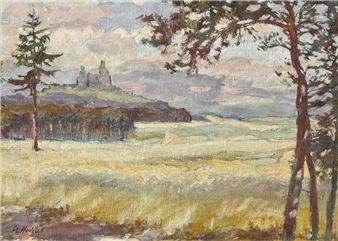 An extensive landscape with trees and a building on a hilltop beyond - Stanislav Hudeček