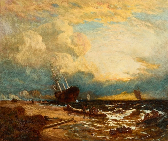 George Stainton | A boat running aground in stormy waters, with figures ...