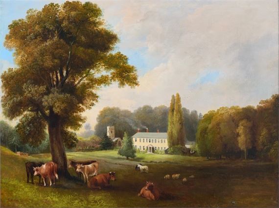 Parkland with cattle, horses, and sheep in a field, a country house and a church beyond by Lancelot Elford Reed, 1835