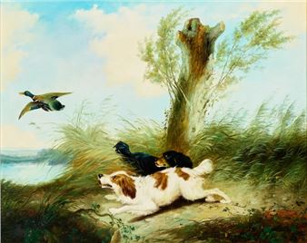 Two spaniels chasing a duck - Graham Metsu