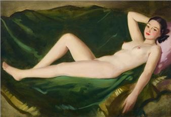 A reclining female nude, on a green sofa - Archibald Barnes