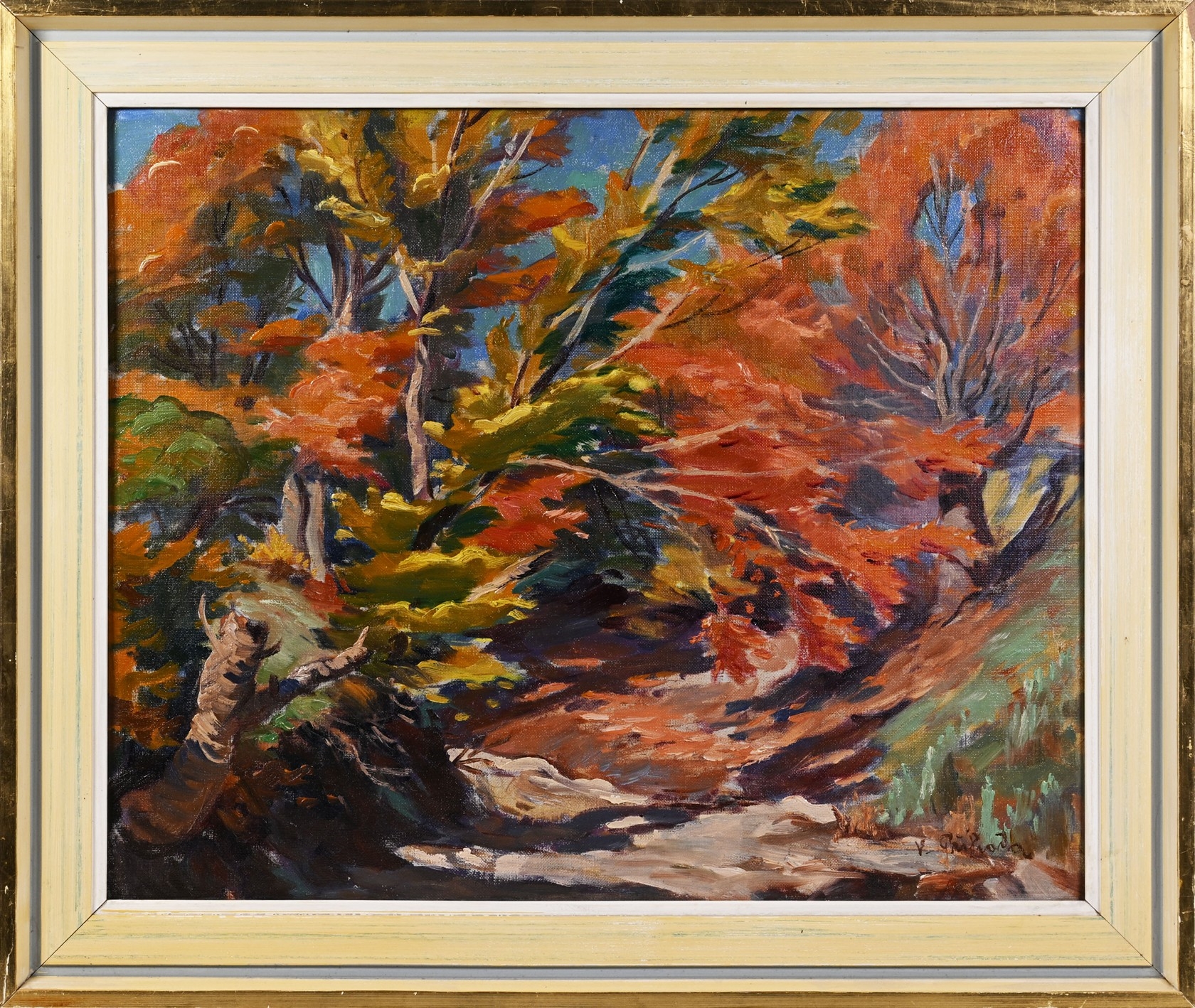 Artwork by Václav Příhoda, Cesta mezi stromy, Made of Technika: Olej na kartonu