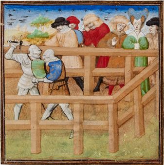 Illuminated Miniature, C15th | Gawain fighting Gloadain the Seneschal, by the Dunois Master (Jean Haincelin?), from a copy of Le livre du Lancelot du lac, in French, illuminated manuscript on vellum. [France (Paris), 15th century (c. 1440s - Dunois Master