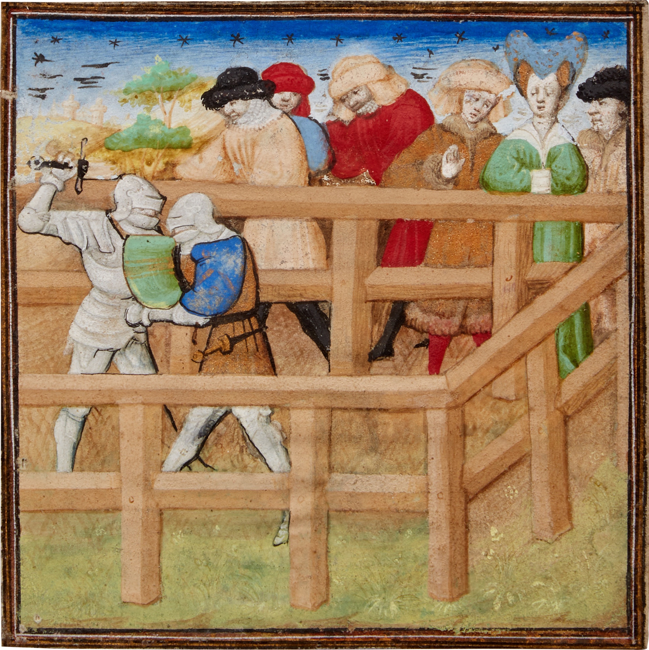 Artwork by Dunois Master, Illuminated Miniature, C15th | Gawain fighting Gloadain the Seneschal, by the Dunois Master (Jean Haincelin?), from a copy of Le livre du Lancelot du lac, in French, illuminated manuscript on vellum. [France (Paris), 15th century (c. 1440s, Made of illuminated manuscript on vellum