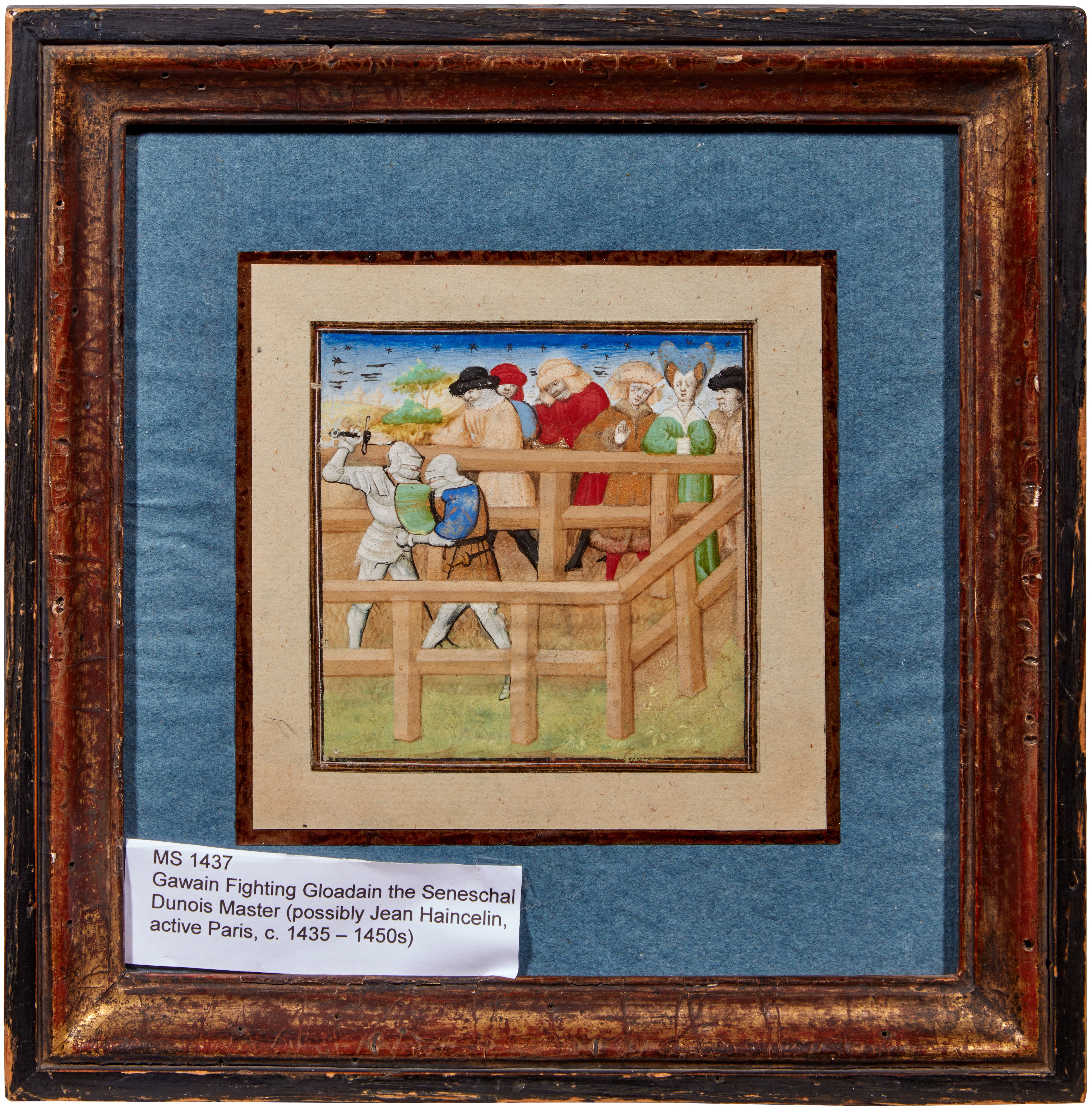 Artwork by Dunois Master, Illuminated Miniature, C15th | Gawain fighting Gloadain the Seneschal, by the Dunois Master (Jean Haincelin?), from a copy of Le livre du Lancelot du lac, in French, illuminated manuscript on vellum. [France (Paris), 15th century (c. 1440s, Made of illuminated manuscript on vellum