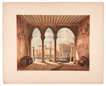 A watercolor view of a Venetian canal scene seen through an arched loggia.