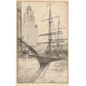 A monochromatic etching of a tall sailing ship docked beside towering city skyscrapers.