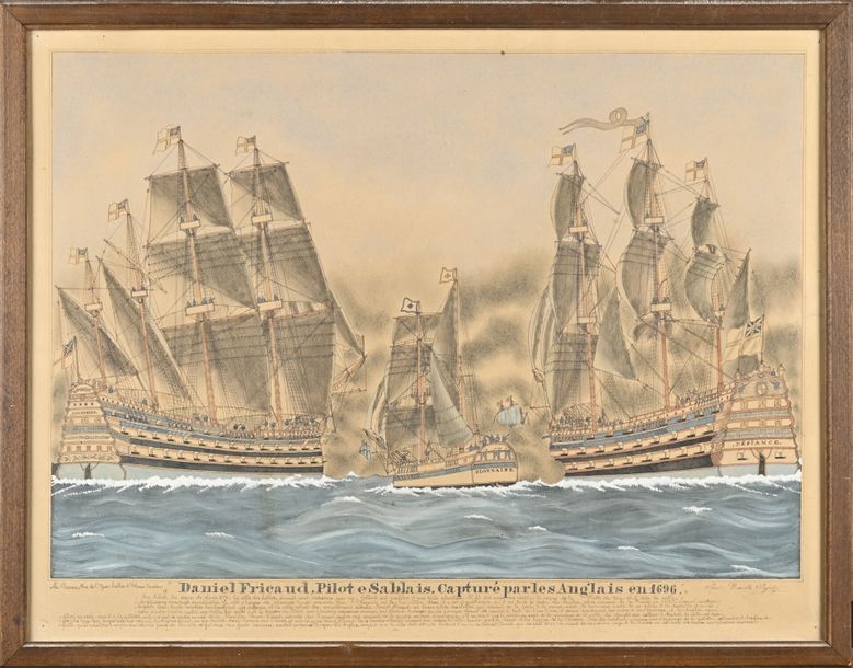 Artwork by Paul-Emile Pajot, English freighter taking a pilot, Made of Ink and watercolour on paper