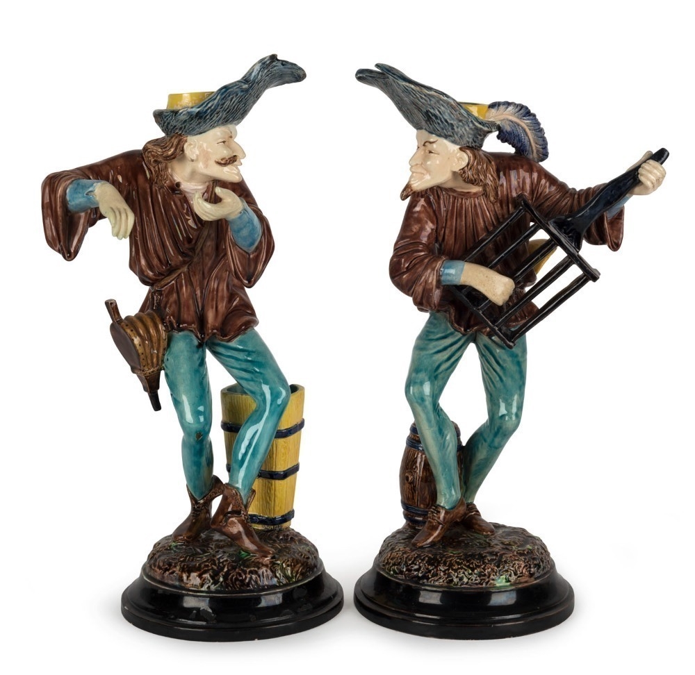 Hugo Lonitz | Pair of antique German majolica figural candlesticks ...
