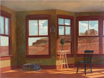 view from sunlit room to rock mesas - Keoki Flagg