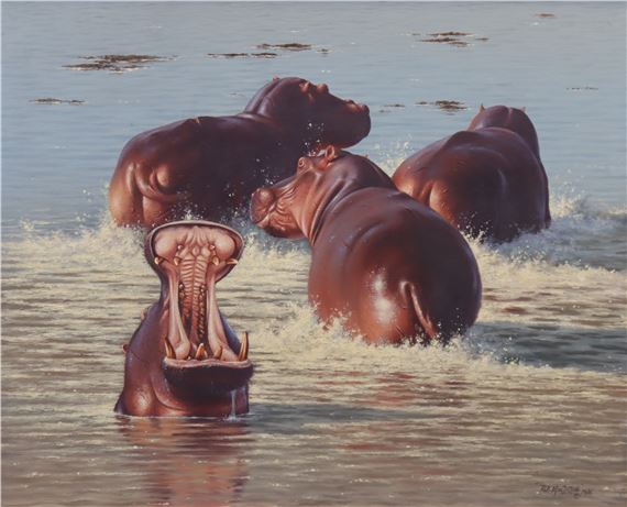 Hippos in the water by Robert Macintosh, 1986