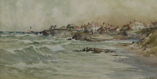 Thomas Swift Hutton | A coastal scene with figures & buildings on the ...