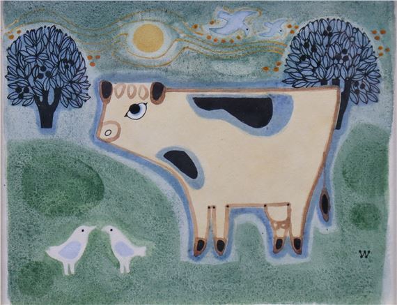 Cow & birds in a landscape - Kenneth Wyatt
