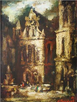 Old Town Square, cardboard/oil, 68x64 cm, 1984 - Andrejs Rozenbergs